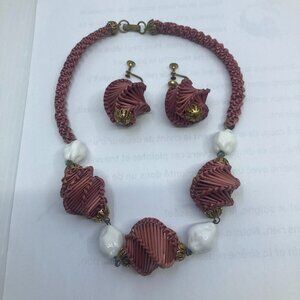 Vtg '40 RARE MIRIAM HASKELL raffia straw milk glass rockabilly necklace set